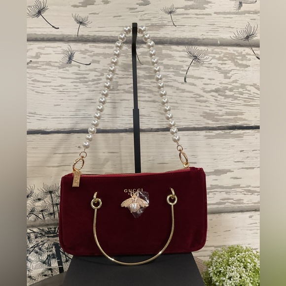 Source Unknown Handbags - Rich Red Faux Velvet Bag with Pearl Handle